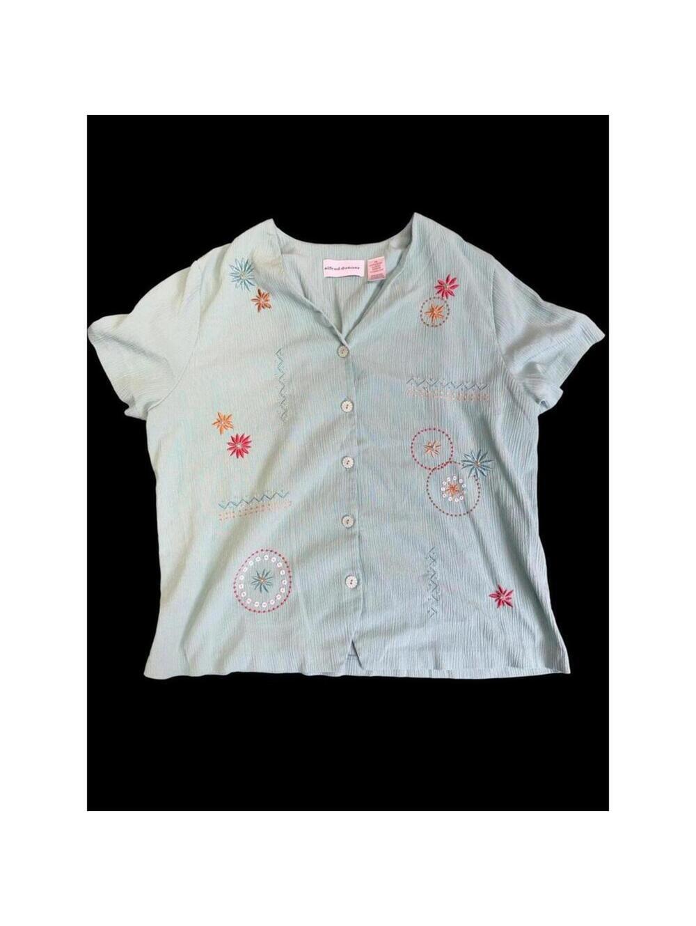 Alfred Dunner Blouse Womens 14 Seafoam Embroidered Floral Short Sleeve Button - Picture 3 of 10